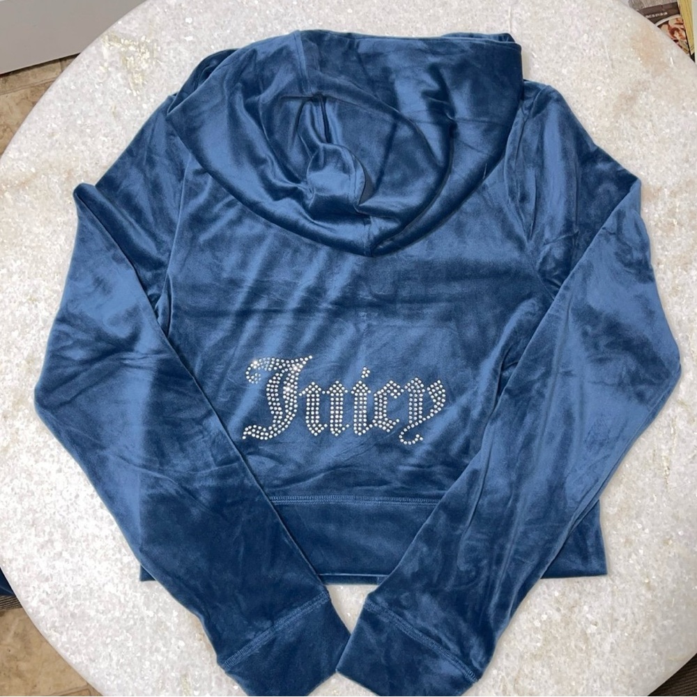 Juicy Couture Bling Blue Midnight Sea Velour Rhinestone Tracksuit Jacket Size M